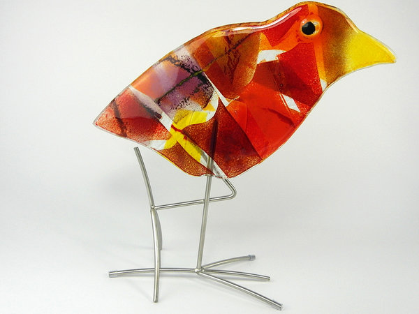 Stelzvogel Glasfigur, ca 35 cm hoch auf Füßen aus Edelstahl
