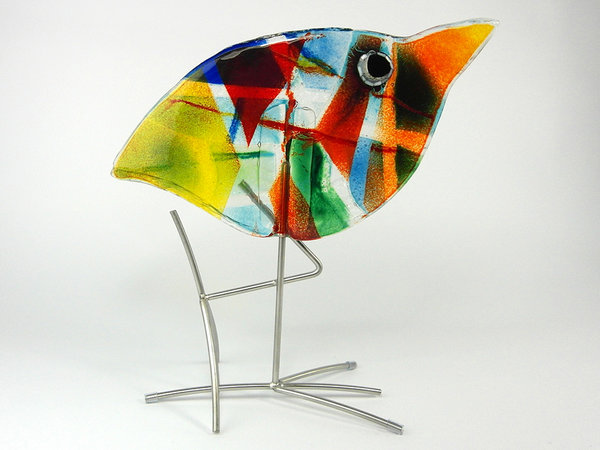 Stelzvogel Glasfigur, ca 35 cm hoch auf Füßen aus Edelstahl